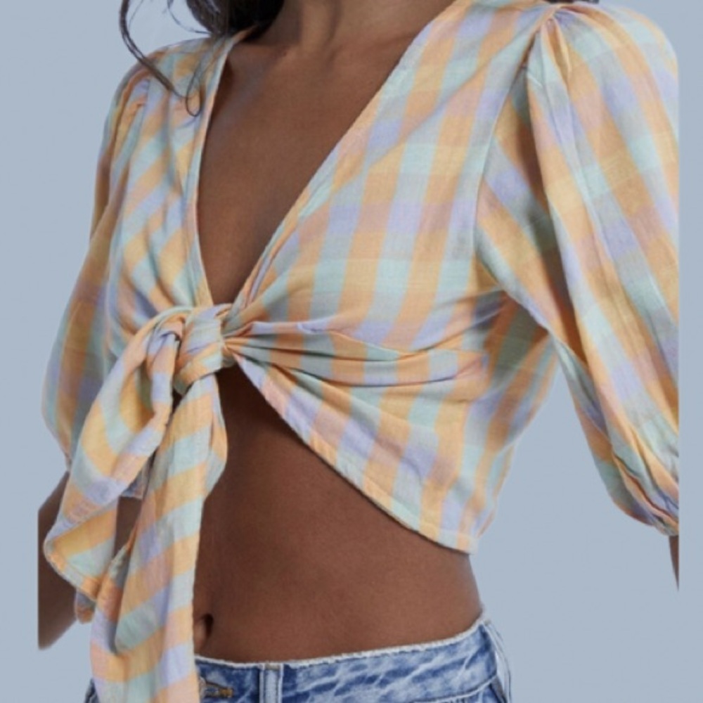 NWT BILLABONG AS YOU WISH
Colorful Gingham Cotton Blend Crop Tie Top - Picture 8 of 8